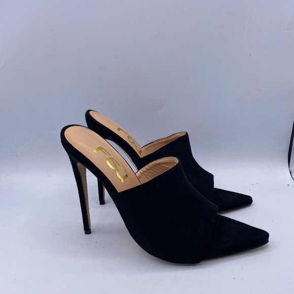 FSJ Black Suede High Heels Sandals Open Toe Mules Sexy Slide Shoes - Picture 5 of 11